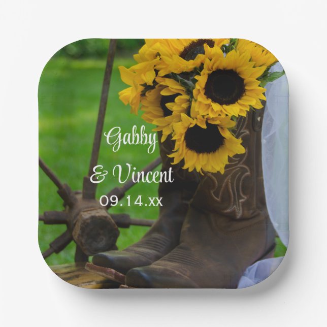 Rustic Sunflowers and Cowboy Boots Western Wedding Paper Plate (Front)