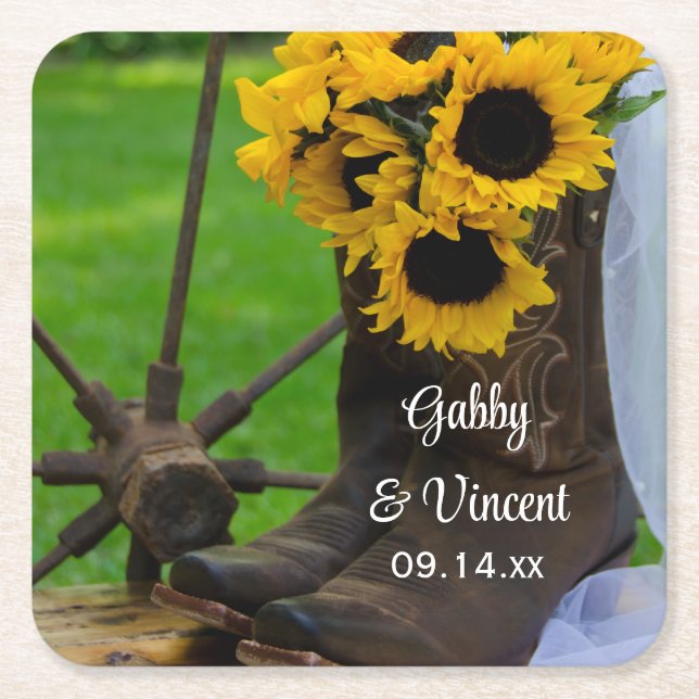Rustic Sunflowers and Cowboy Boots Western Wedding Square Paper Coaster (Front)
