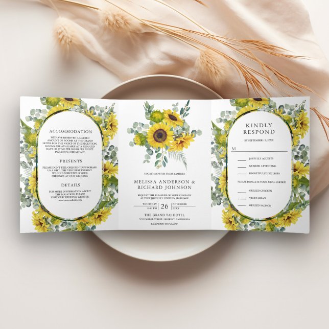 Rustic Sunflowers and Eucalyptus 3 in 1 Wedding Tri-Fold Invitation (Creator Uploaded)