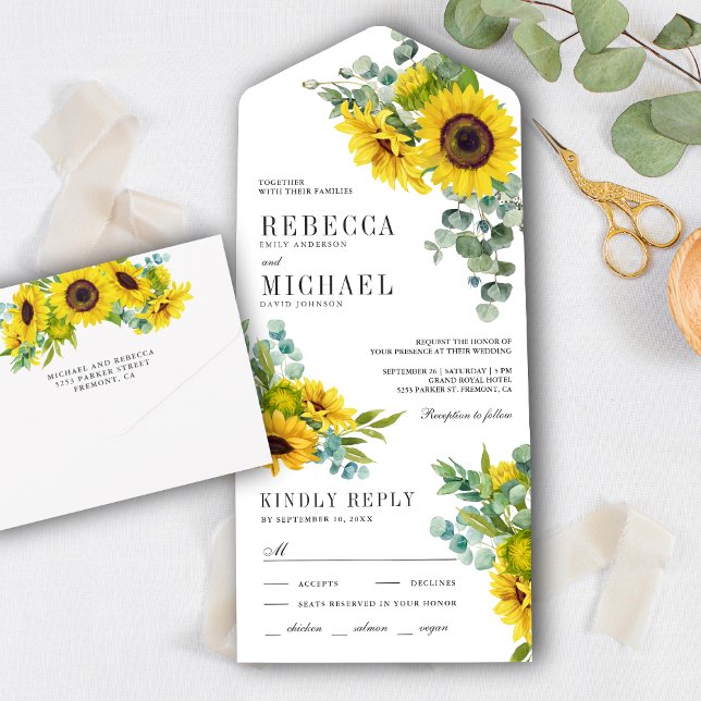 Rustic Sunflowers and Eucalyptus Branch Wedding All In One Invitation (Creator Uploaded)