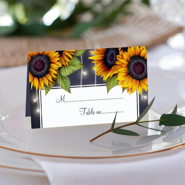 Rustic sunflowers and lights wedding table place card (Creator Uploaded)
