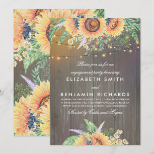 Rustic Sunflowers and Lights Wood Engagement Party Invitation