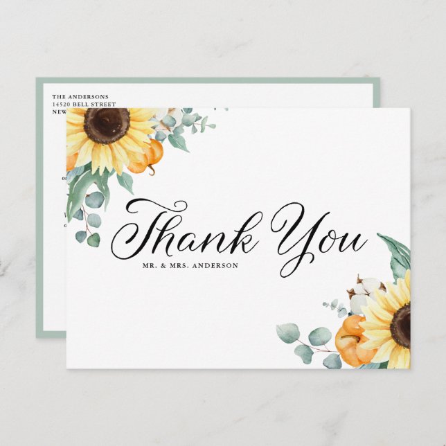 Rustic Sunflowers and Pumpkins Fall Thank You Postcard (Front/Back)