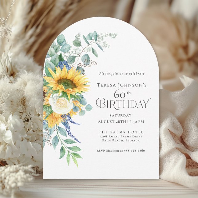 Rustic Sunflowers and Roses Floral 60th Birthday Invitation (Available in both printed and instant download digital formats.)