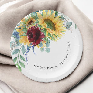 Rustic Sunflowers and Roses Floral Wedding Paper Plate
