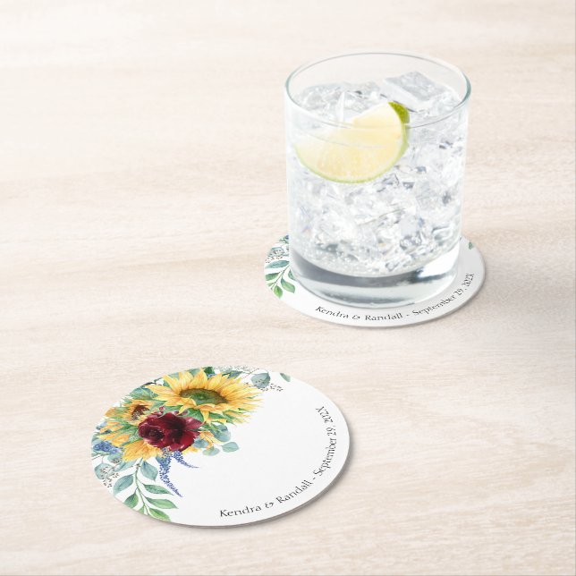 Rustic Sunflowers and Roses Floral Wedding Round P Round Paper Coaster (Insitu)