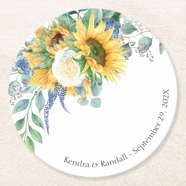 Rustic Sunflowers and Roses Floral Wedding Round Paper Coaster (Front)