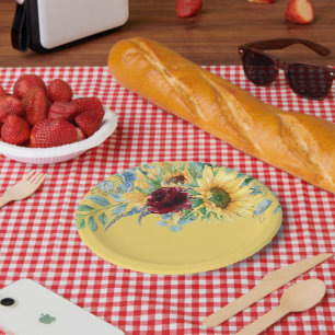 Rustic Sunflowers and Roses Floral Yellow Paper Plate