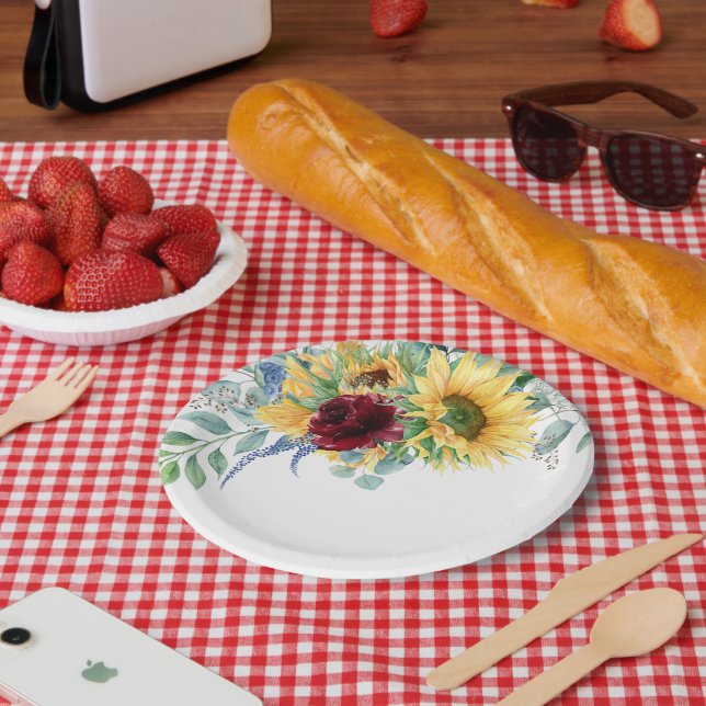 Rustic Sunflowers and Roses Watercolor Floral Paper Plate (Picnic)