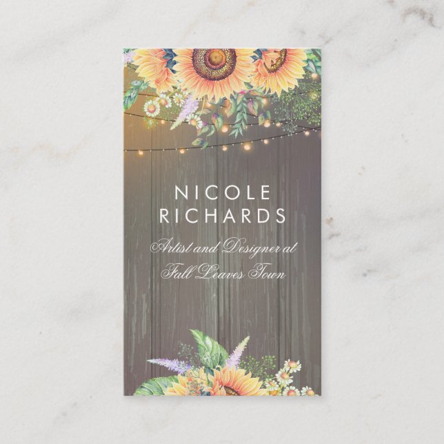 Rustic Sunflowers and String Lights Barn Wood Business Card (Front)