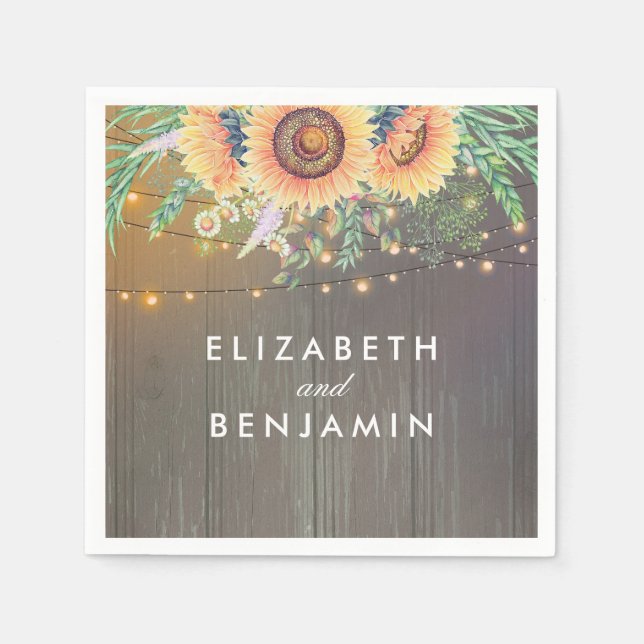 Rustic Sunflowers and String Lights Wood Barn Napkin (Front)