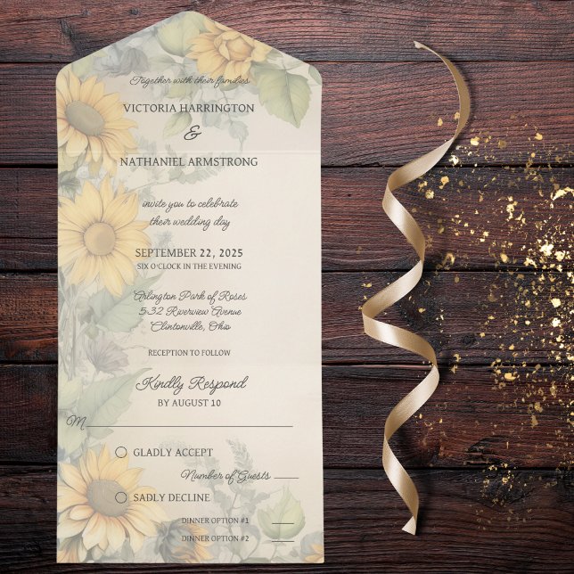 Rustic Sunflowers and Vines  All In One Invitation (Also available with QR code or without dinner options. )