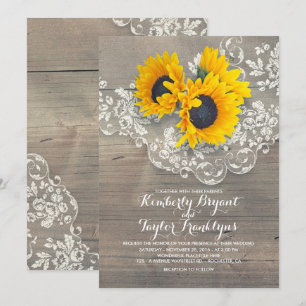 Rustic Sunflowers and Vintage Floral Lace Wedding Invitation
