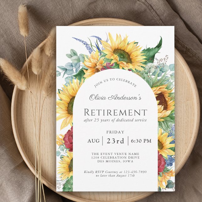 Rustic Sunflowers Arch Frame Retirement Party Invitation (Available as printed and paperless digital download!)