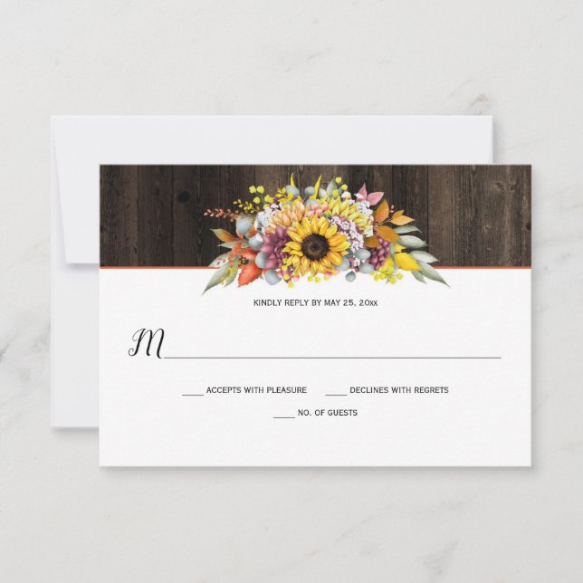 Rustic Sunflowers Autumn Floral Barn Wood RSVP Card (Front)