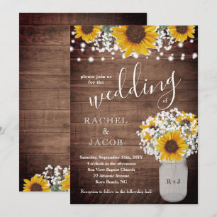 Rustic Sunflowers Babys Breath Jar Lights Wedding Invitation