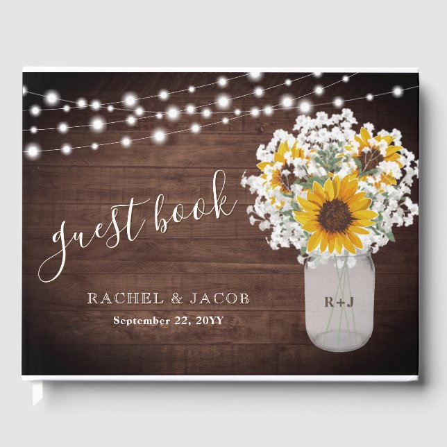 Rustic Sunflowers Baby's Breath Jar Photo Wedding Guest Book (Front)