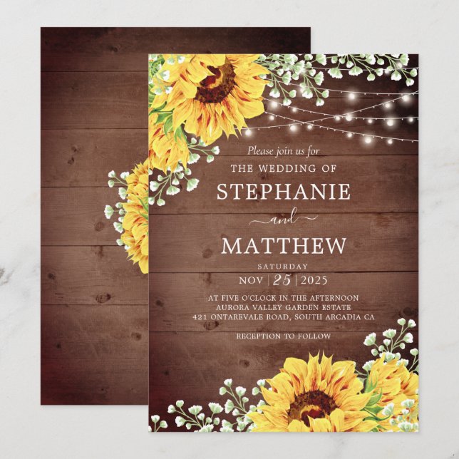Rustic Sunflowers Babys Breath Lights Wedding Invitation (Front/Back)