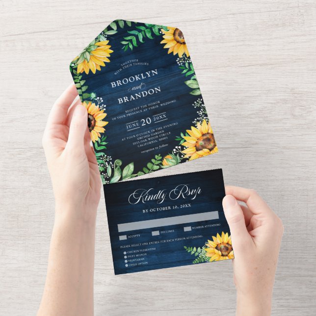 Rustic Sunflowers Baby's Breath Navy Blue Wedding  All In One Invitation (Tearaway)