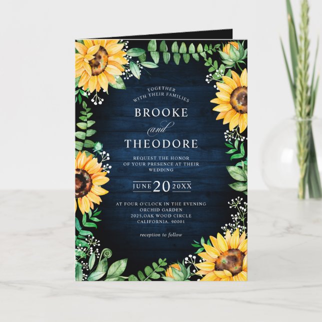 Rustic Sunflowers Baby's Breath Navy Blue Wedding Invitation (Front)