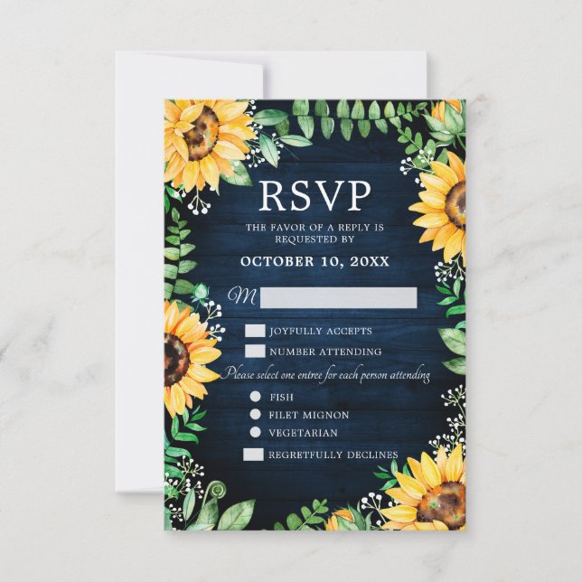 Rustic Sunflowers Baby's Breath Navy Blue Wedding  RSVP Card (Front)