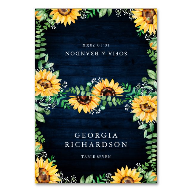 Rustic Sunflowers Baby's Breath Navy Blue Wedding  Table Number (Front)