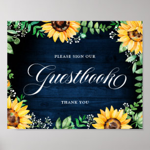 Rustic Sunflowers Baby's Breath Navy Guestbook