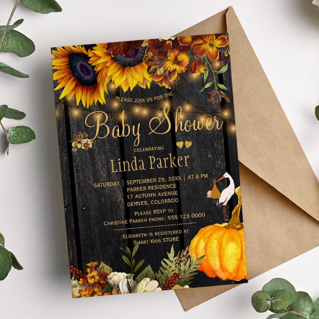 Rustic sunflowers barn wood autumn baby shower invitation (Creator Uploaded)