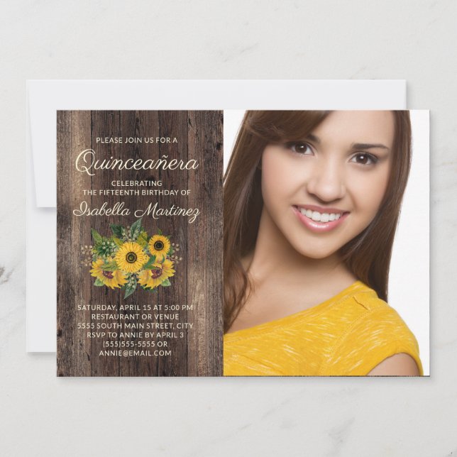 Rustic Sunflowers Barn Wood Quinceañera Photo Invitation (Front)