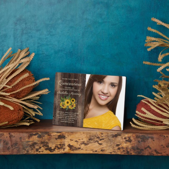 Rustic Sunflowers Barn Wood Quinceañera Photo  Plaque (Side)