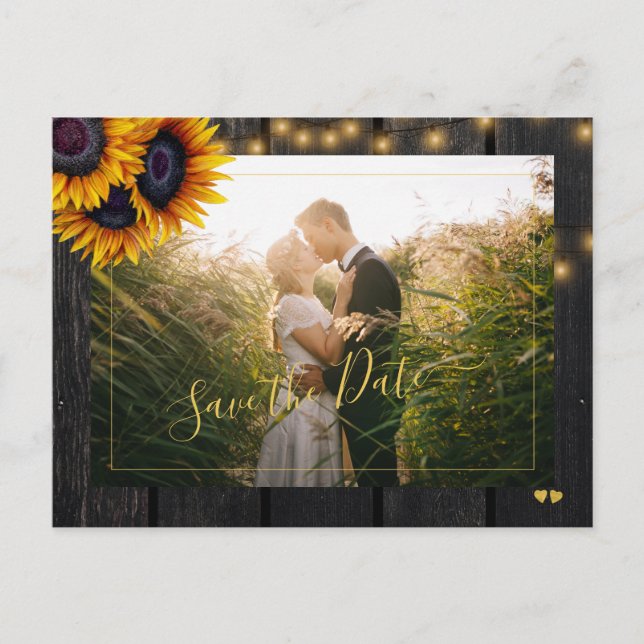 Rustic sunflowers  barn wood save the date wedding announcement postcard (Front)