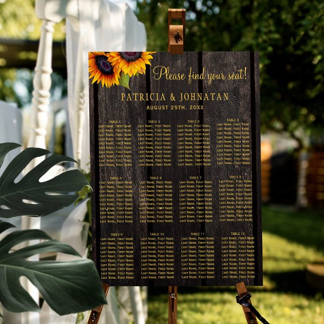 Rustic sunflowers barn wood wedding seating chart  (The easel is for presentation only. )