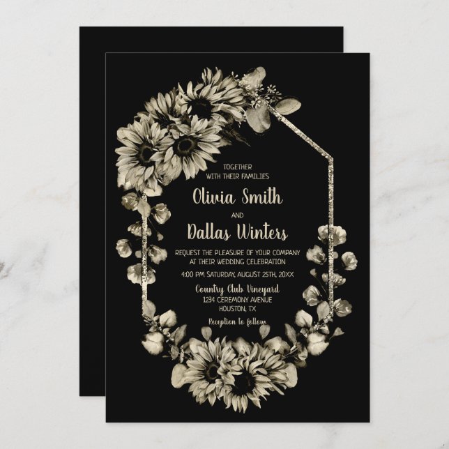 Rustic Sunflowers Black Wedding Invitation (Front/Back)