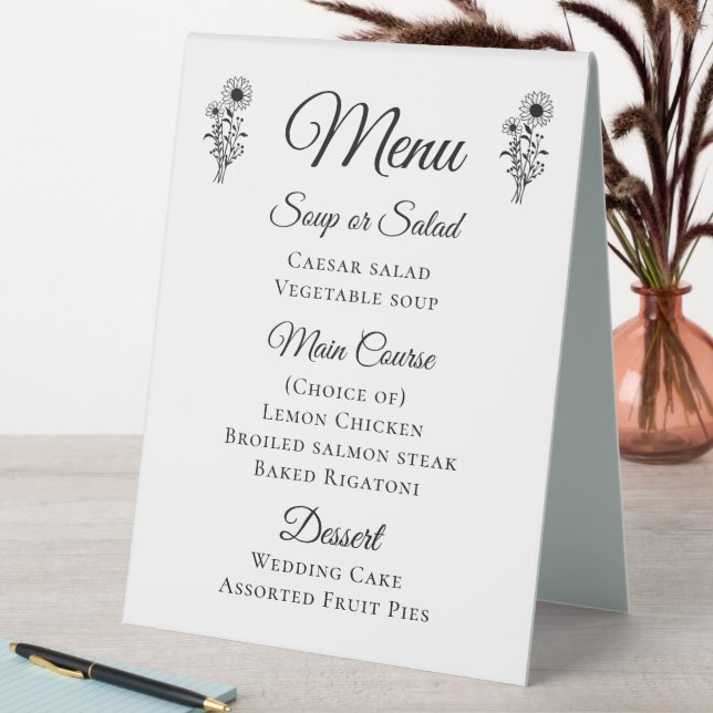 Rustic Sunflowers Black White Floral Wedding Menu (In SItu (Table))