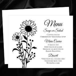 Rustic Sunflowers Black White Floral Wedding Menu