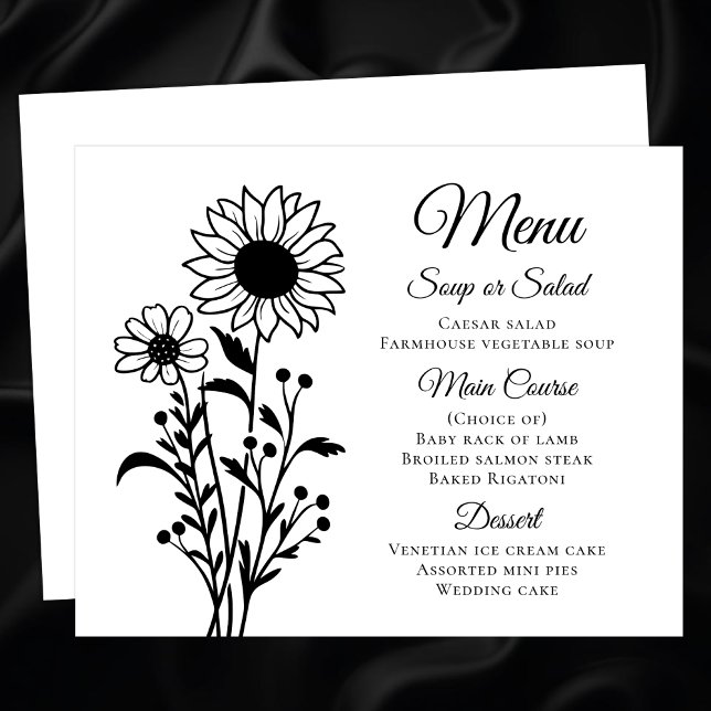 Rustic Sunflowers Black White Floral Wedding Menu (Creator Uploaded)