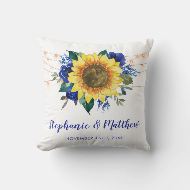 Rustic Sunflowers Blue Floral Lights Wedding Cushion (Front)