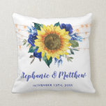 Rustic Sunflowers Blue Floral Lights Wedding Cushion<br><div class="desc">This pillow features watercolor sunflowers,  blue roses and string lights. Personalise it with names and date. This pillow is part of a collection which includes matching wedding stationery and gifts. Please visit our store to see the full range of products that you can personalise for your wedding.</div>