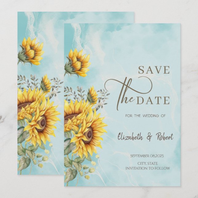 Rustic Sunflowers Blue Save The Date (Front/Back)