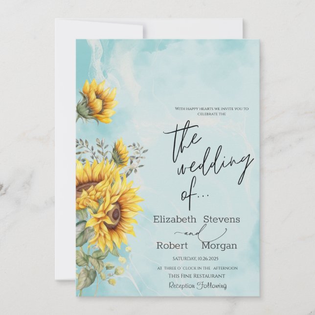 Rustic Sunflowers Blue Wedding Invitation (Front)