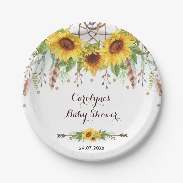 Rustic Sunflowers Boho Dreamcatcher Shower Party Paper Plate (Front)