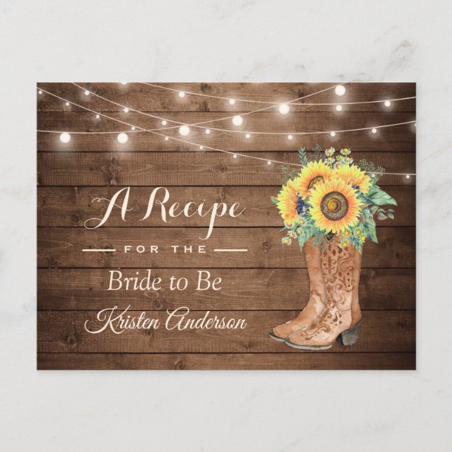 Rustic Sunflowers Boots Bridal Shower Recipe Postcard (Front)