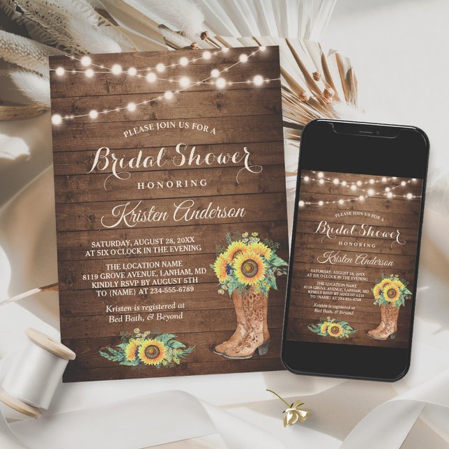 Rustic Sunflowers Boots Cowgirl Bridal Shower Invitation (Creator Uploaded)