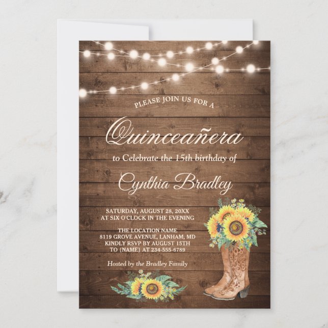 Rustic Sunflowers Boots Quinceañera 15th Birthday Invitation (Front)