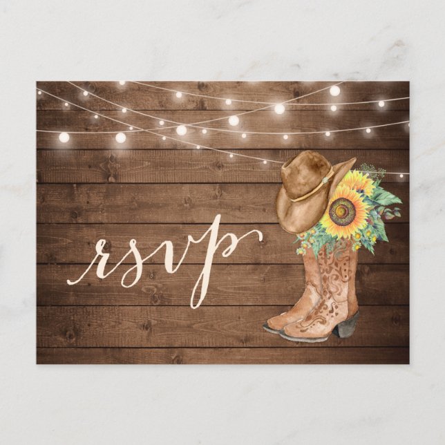 Rustic Sunflowers Boots String Lights RSVP Invitation Postcard (Front)