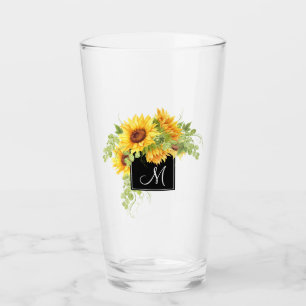 Rustic Sunflowers Bouquet and Any Monogram Glass