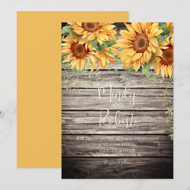 Rustic Sunflowers Bouquet Watercolor Wedding Invitation (Front/Back)