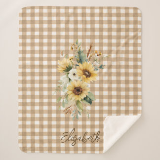 Rustic Sunflowers Brown Gingham Personalised Sherpa Blanket