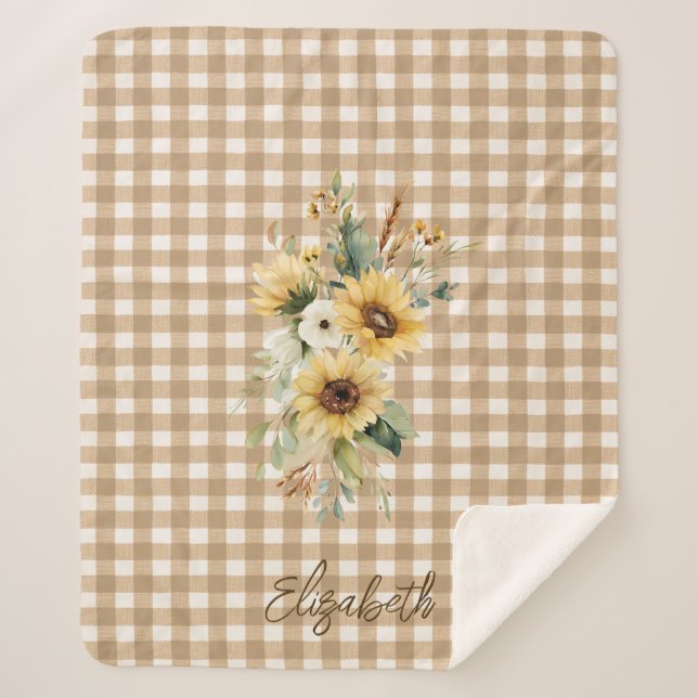 Rustic Sunflowers Brown Gingham Personalised  Sherpa Blanket (Front)