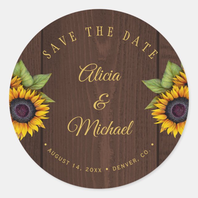 Rustic sunflowers brown wood wedding save date classic round sticker (Front)